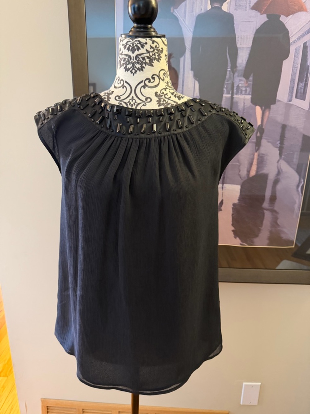 Michael Kors Black Beaded Yoke Cap-Sleeve Women's Top